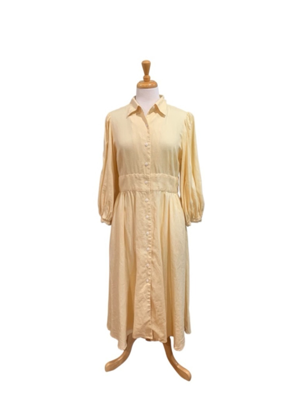 Women's BEHIDA DOLIC ButterYellow French Linen long sleeved Midi Dress L